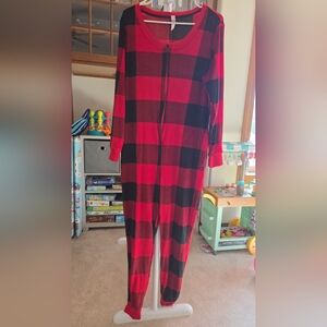Women's Plaid Cozy Fleece Buffalo Check Union Suit - Xhilaration-Red & black M/L